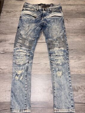Focus Jeans Mens Blue Distressed Moto Biker Slim Tapered Zipper Denim 30x30